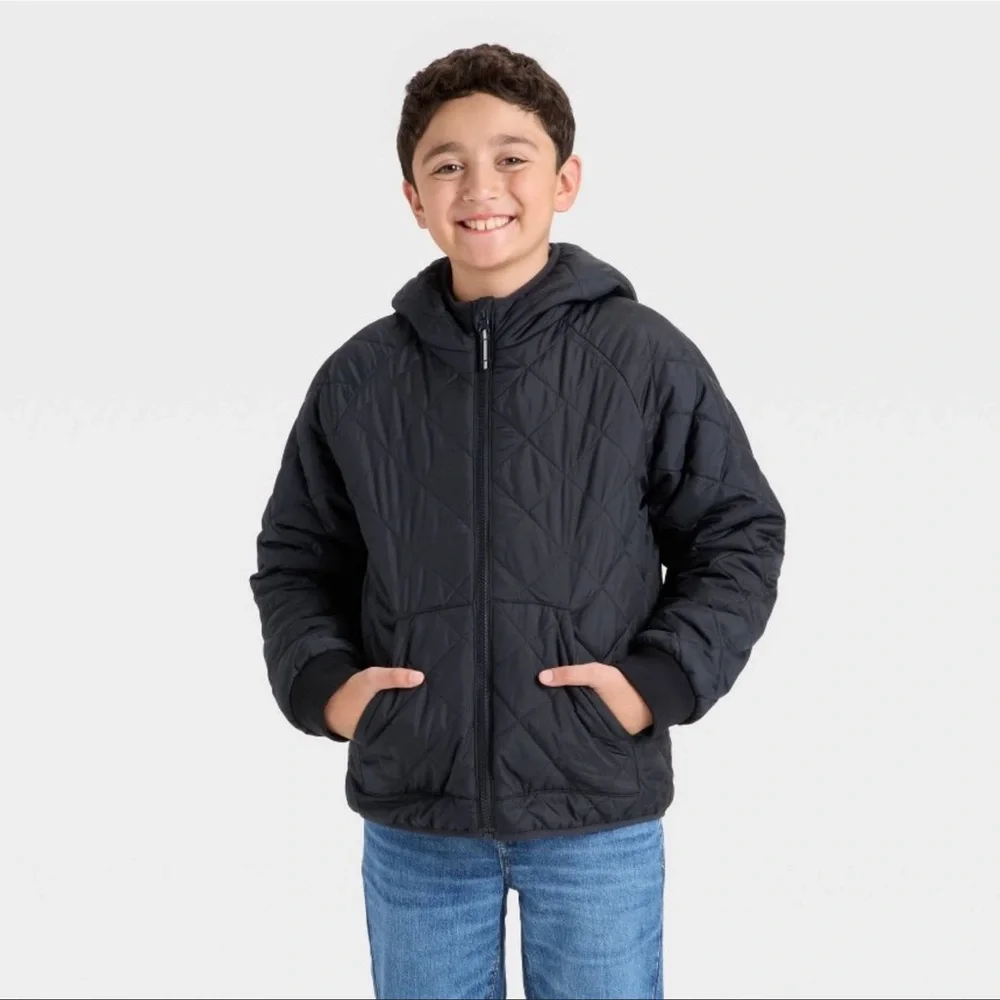 Cat & Jack Boys Hooded Reversible Puffer Jacket - Black/Gray Medium (8) NWT